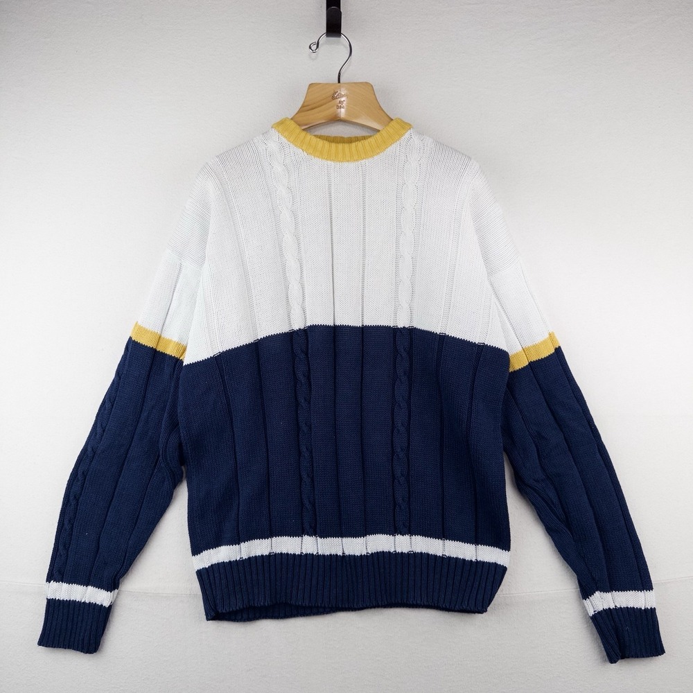 90's Vtg Eddie Bauer Pullover Sweater Color Block Crewneck Men's L White Blue
